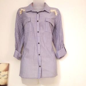 Striped Button Down Shirt w Embroidered Lace Back